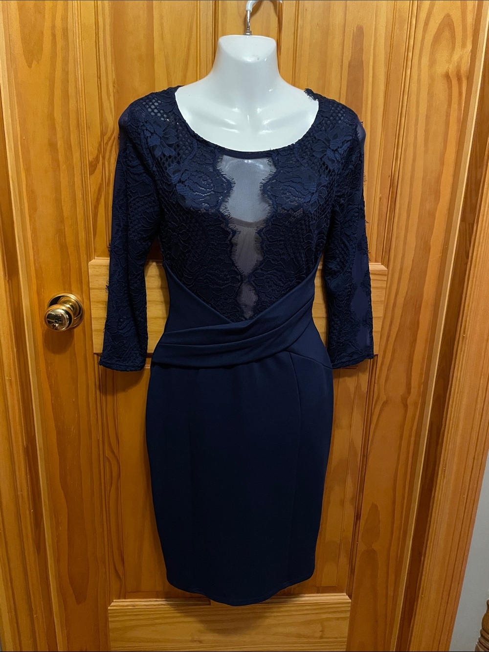 le chateau Navy Lace Sheath Dress with Illusion Neckline